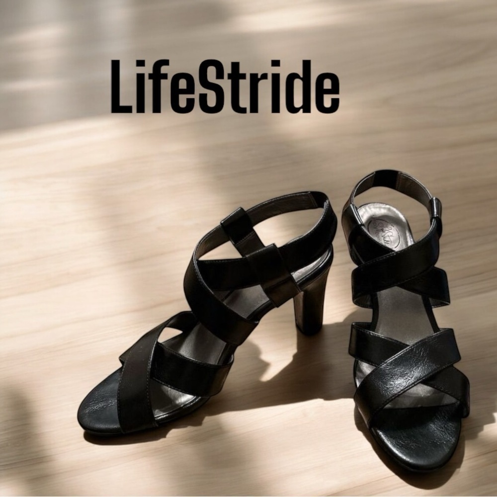 LifeStride Black Connie Womenβs Strappy Open Toe High Heel Sandals